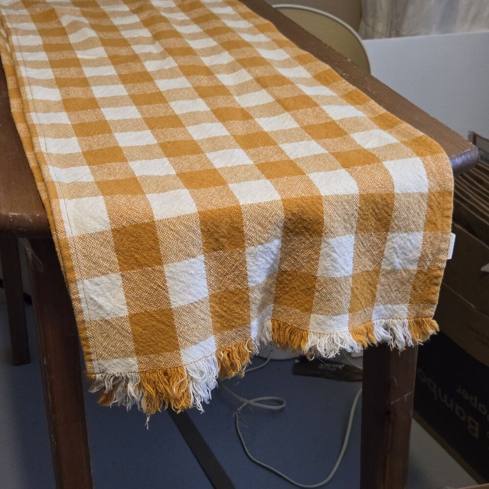 Long Mustard Yellow White Checked Cotton Fringed Table Runner Country Farmhouse